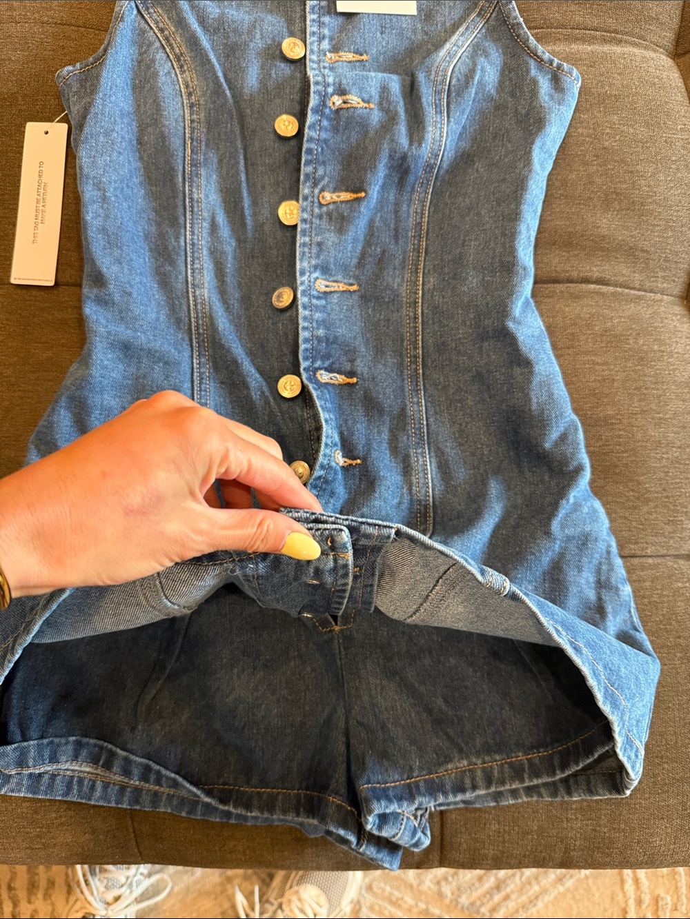 Princess Polly Sleeveless Blue Denim Button-Front Dress (built in shorts) - Picture 2 of 3